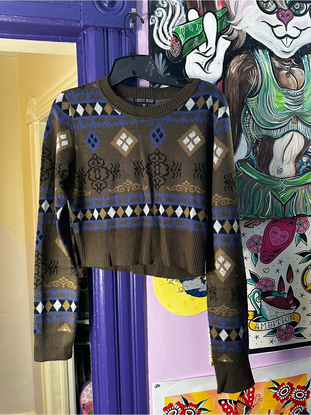 Cropped Brown Patterned Sweater with Blue & Cream Accents
